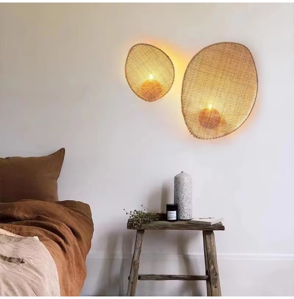 Wabi sabi wall lamp japanese room decor rattan lamp hand-woven living room bedroom beside Retro Study Corridor Aisle Light