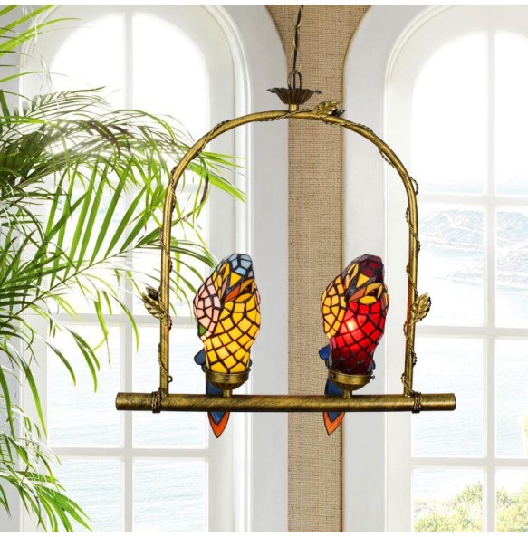 Vintage Art Tiffany Colored Parrot Glass Chandelier Bar Restaurant Living Room Bedroom Lighting