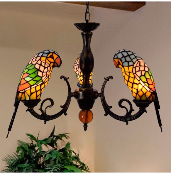 Vintage Art Tiffany Colored Parrot Glass Chandelier Bar Restaurant Living Room Bedroom Lighting