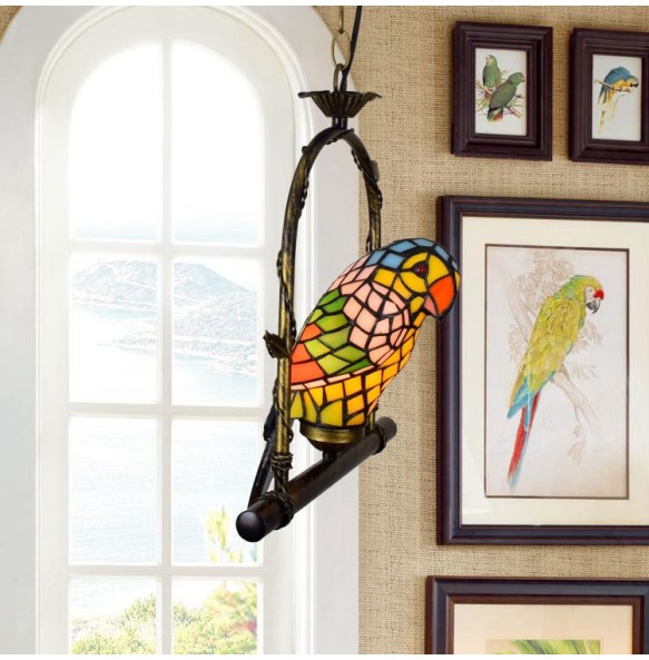 Vintage Art Tiffany Colored Parrot Glass Chandelier Bar Restaurant Living Room Bedroom Lighting