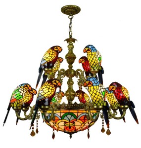 Vintage Art Tiffany Colored Parrot Glass Chandelier Bar Restaurant Living Room Bedroom Lighting