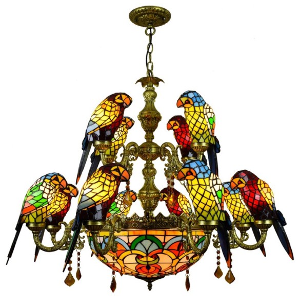 Vintage Art Tiffany Colored Parrot Glass Chandelier Bar Restaurant Living Room Bedroom Lighting