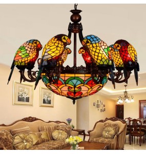 Vintage Art Tiffany Colored Parrot Glass Chandelier Bar Restaurant Living Room Bedroom Lighting