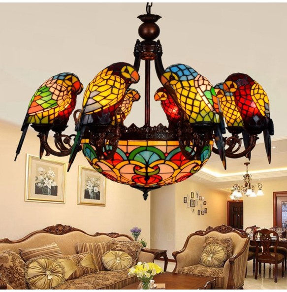 Vintage Art Tiffany Colored Parrot Glass Chandelier Bar Restaurant Living Room Bedroom Lighting