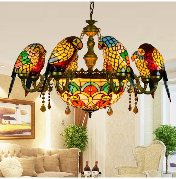 Vintage Art Tiffany Colored Parrot Glass Chandelier Bar Restaurant Living Room Bedroom Lighting