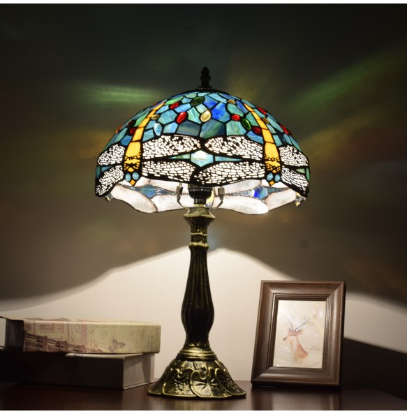 Blue Dragonfly American Vintage Tiffany Stained Glass Table Lamp