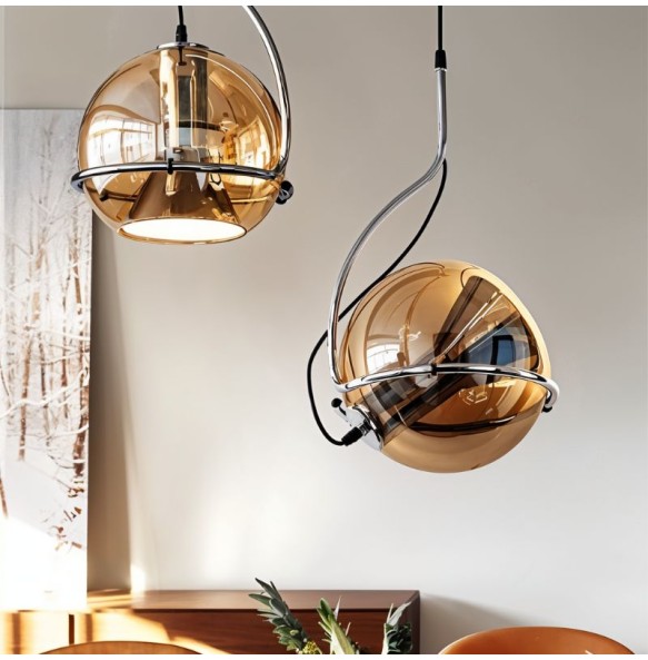 Scandinavian Amber Glass Globe Pendant Light Restaurant Bar Bedroom Bedside Adjustable Angle Chandelier