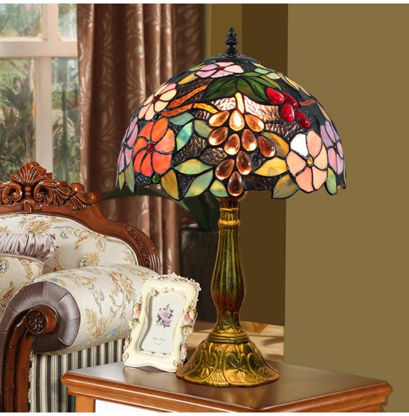 Tiffany Vintage Stained Glass Table Lamp Living Room Dining Room Bedroom Bedside Table Lamp Bar Rustic Grape Table Lamps