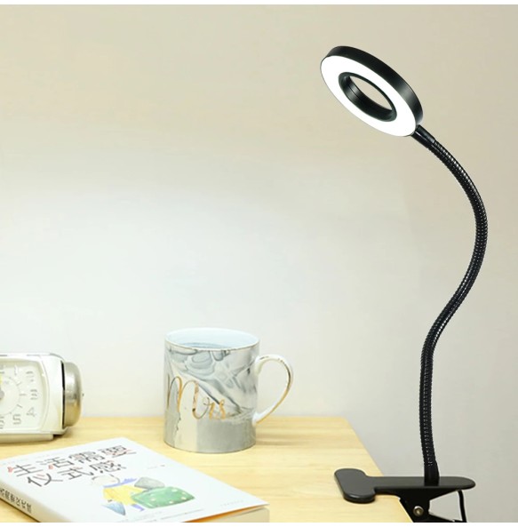 Led book Lamp clip Reading Light USB Power black Flexible hose table Desk Headboard home study dimmable bright 5V ring