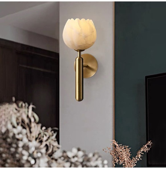 New Modern Chinese Style Bedroom Bedside Flower Bud Marble Wall Lamp Luxury Living Room Background Porch Led Copper Lighting