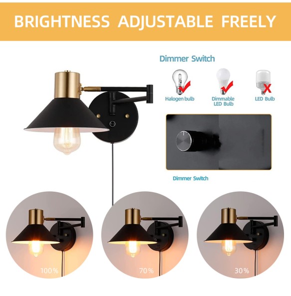 New Indoor Wall Lamp Dimmable E26 Bulb,Metal Adjustable Swing Arm,Plug In Black Wall Sconce With Switch for Bedside Hotel