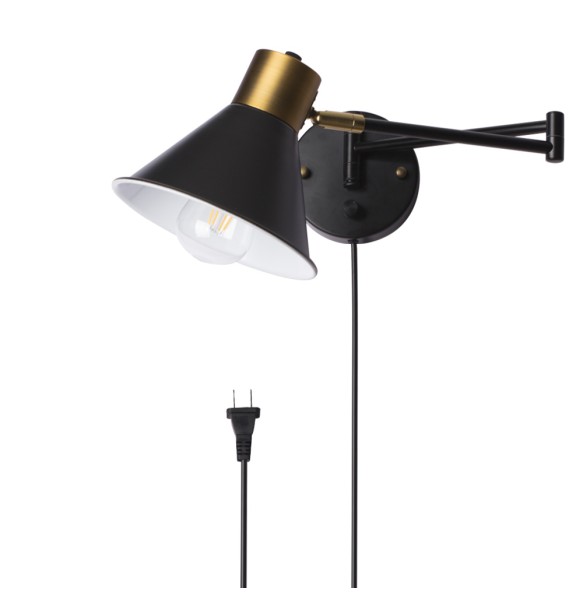 New Indoor Wall Lamp Dimmable E26 Bulb,Metal Adjustable Swing Arm,Plug In Black Wall Sconce With Switch for Bedside Hotel