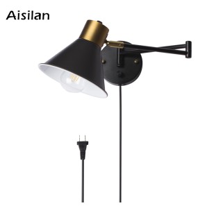 New Indoor Wall Lamp Dimmable E26 Bulb,Metal Adjustable Swing Arm,Plug In Black Wall Sconce With Switch for Bedside Hotel