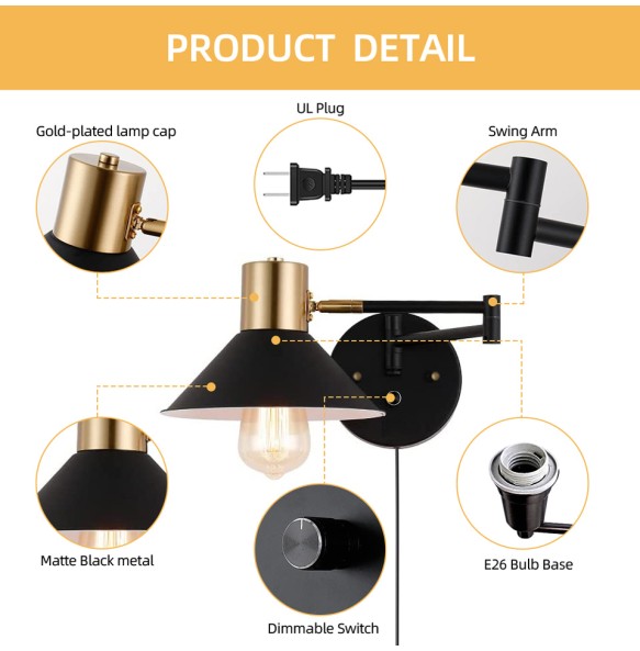 New Indoor Wall Lamp Dimmable E26 Bulb,Metal Adjustable Swing Arm,Plug In Black Wall Sconce With Switch for Bedside Hotel