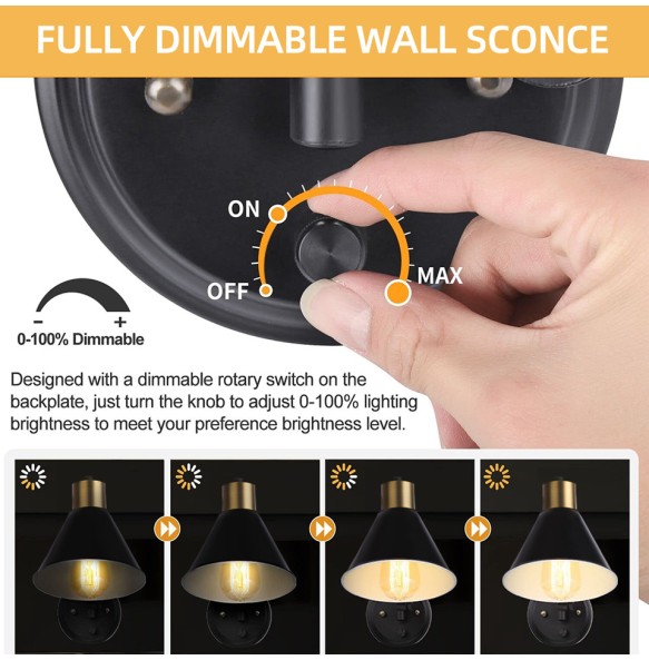 New Indoor Wall Lamp Dimmable E26 Bulb,Metal Adjustable Swing Arm,Plug In Black Wall Sconce With Switch for Bedside Hotel