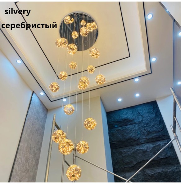 2024 New Nordic Glass Ball Led Pendant Lamp with Remote Control Gold Silvery for Staircase Living Room Hall Chandelier Home Decor Fixture