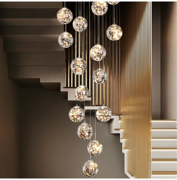 2024 New Nordic Glass Ball Led Pendant Lamp with Remote Control Gold Silvery for Staircase Living Room Hall Chandelier Home Decor Fixture