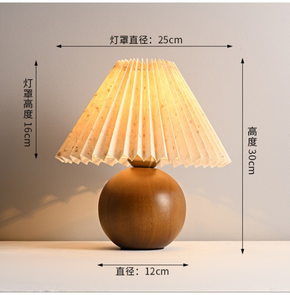 2024 New Small Pleated Lamp Vintage Nightstand Lamp with Round Wood Base Cute Modern Desk Lamp for Bedroom Bedside Dinning Table Kitchen