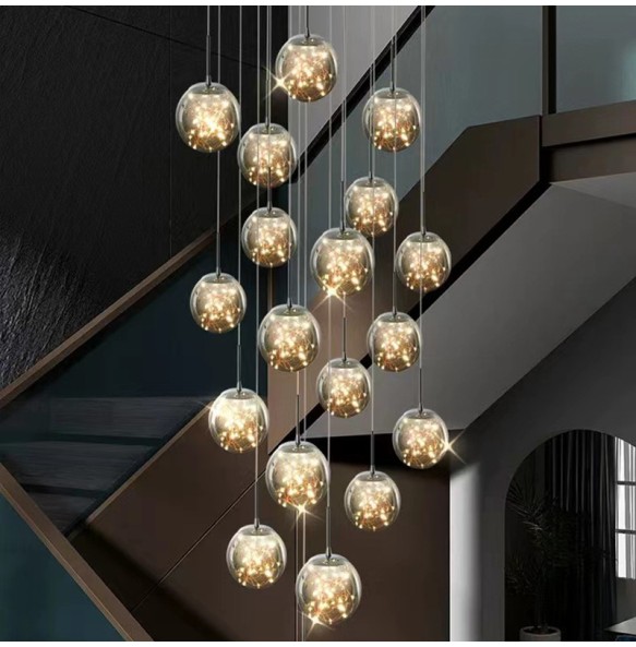 2024 New Nordic Glass Ball Led Pendant Lamp with Remote Control Gold Silvery for Staircase Living Room Hall Chandelier Home Decor Fixture