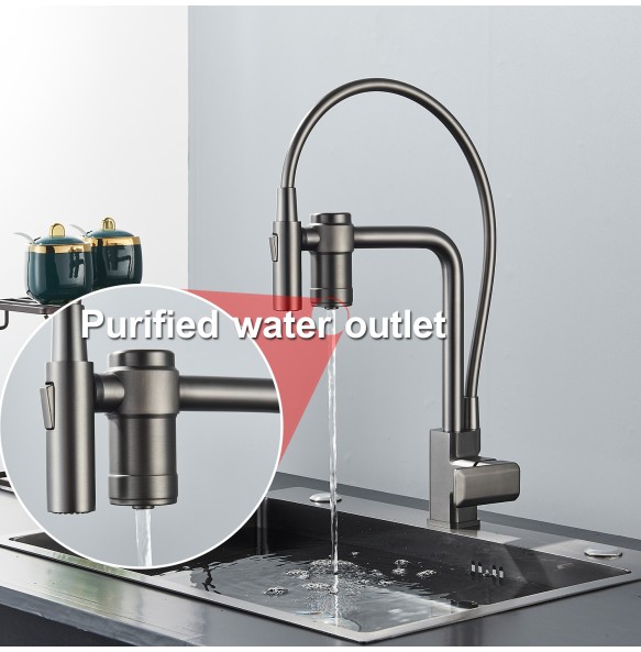 Gun Grey Pure Water Filter Kitchen Faucet Dual Handle Hot and Cold Drinking Water Pull Out Mixer Soft Hose Crane Purification