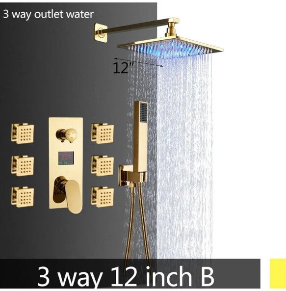 Gold Bathroom Shower Faucet Black Digital All Metal Shower Faucets Set Rainfall Shower Head Digital Display Mixer Tap