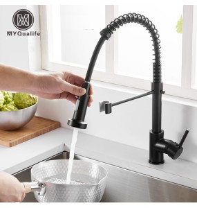 Matte Black Kitchen Sink Faucet One Handle Spring Hot and Cold Water Tap Deck Mounted Bathroom Kitchen Crane