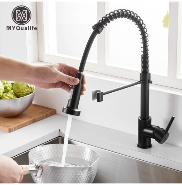 Matte Black Kitchen Sink Faucet One Handle Spring Hot and Cold Water Tap Deck Mounted Bathroom Kitchen Crane