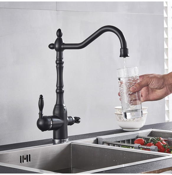 Matte Black  Kitchen Sink Faucet Pure Water Filter Drink Mixer Tap Dual Handles Two Spout Bathroom Kitchen Tap Hot Cold Crane