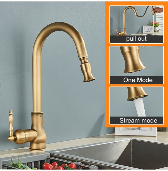 MYQualife Antique Brass Kitchen Sink Faucet Pull Down Swivel Spout Kitchen Deck Mounted Bathroom Hot and Cold Water Mixers