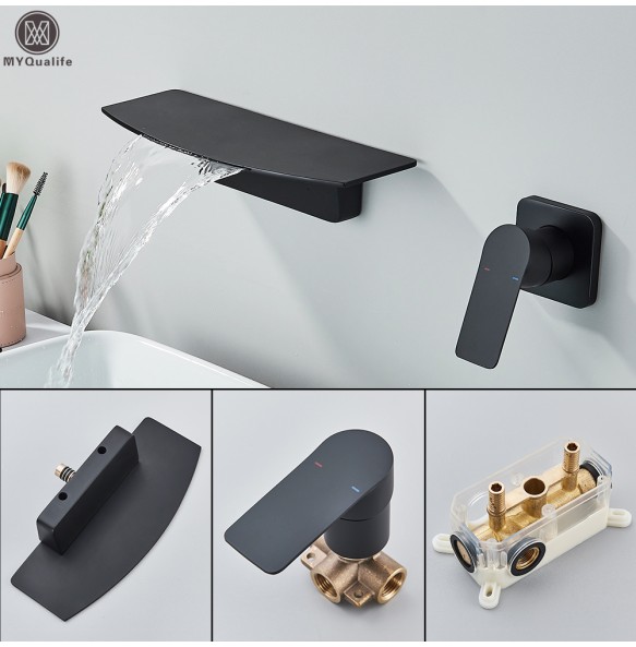 Matte Black Waterfall Bathtub Faucet One Handle In-wall Spout Tub Hot&Cold water Mixer Tap Handshower Widespread Bathtub Tap