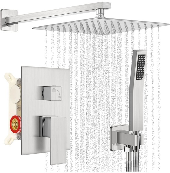 Brushed Nickel Bathroom Shower Faucet Set Rainfall Shower Mixed Hot Cold Water Mixer Tap Wall Mounted Embedded Box Control Valve