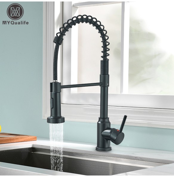 Matte Black Kitchen Sink Faucet One Handle Spring Hot and Cold Water Tap Deck Mounted Bathroom Chrome Kitchen Crane