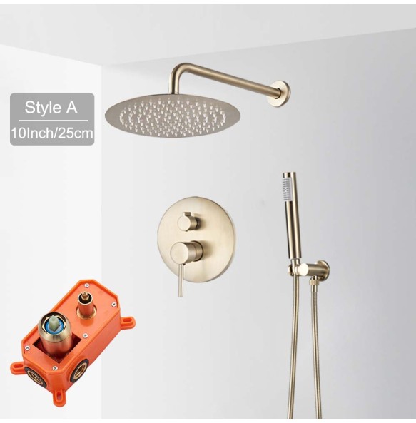 Brushed Gold Shower Faucet Set Round Brass Bathroom Wall Mount Rotate Tub Spout  Rainfall Head 3 Ways Mixer Tap