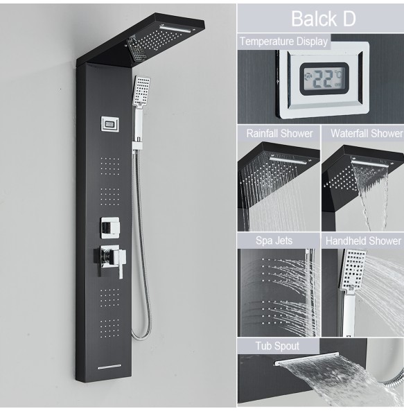 Shower Panel Waterfall Rain Shower Faucet Set SPA Massage Jet Bath Shower Column Temperature Display Mixer Tap Tower