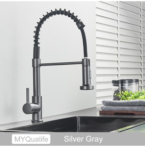 Silver Gray Kitchen Sink Faucet One Handle Spring Hot and Cold Water Tap Deck Mounted Bathroom Matte Black Kitchen Crane