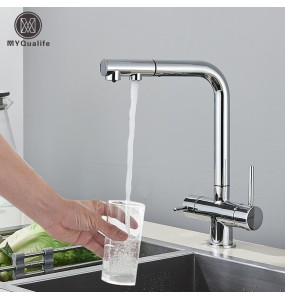 Chrome Brass Pull Out Filtered Kitchen Faucet Dual Handle Hot Cold Drinking Water 3-Way Filter Purification Mixer Taps