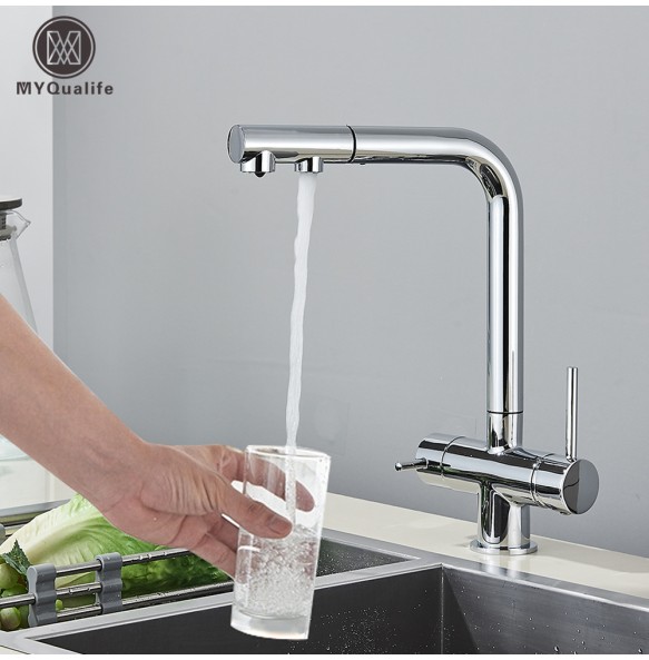 Chrome Brass Pull Out Filtered Kitchen Faucet Dual Handle Hot Cold Drinking Water 3-Way Filter Purification Mixer Taps