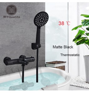 Black Thermostatic Shower Mixer Faucet Dual Handle Constant Temperature Shower Mixer Tap Handheld Bath Shower Set with Bracket