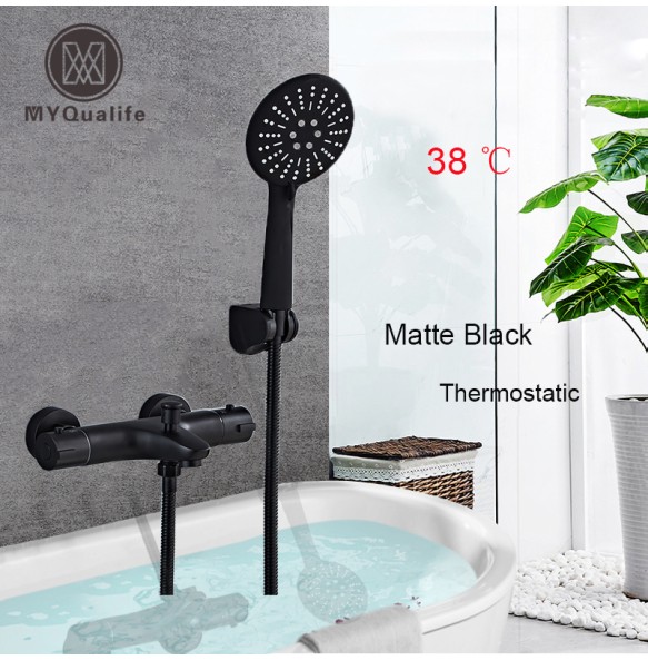 Black Thermostatic Shower Mixer Faucet Dual Handle Constant Temperature Shower Mixer Tap Handheld Bath Shower Set with Bracket