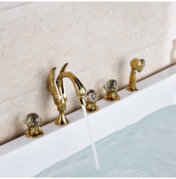 Golden Swan Style Brass Golden Bathtub Tub Faucet Deck Mounted Hot and Cold Water Bath Shower Mixer Taps