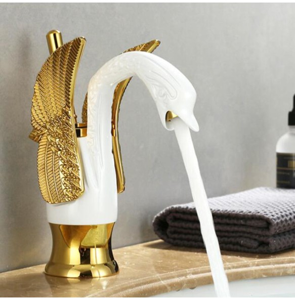 2024 New Swan Shape Bathroom Mixer Faucet Tap Deck Mount One Hole Water Taps with Hot Cold Water Golden Color Basin Faucet One Handle