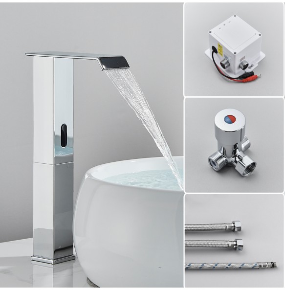 2024 New Black Sensor Basin Faucet Bathroom Automatic Sensor Watefall Faucet Touchless Free Touch Sink Tap Hot Cold Water Mixer Crane