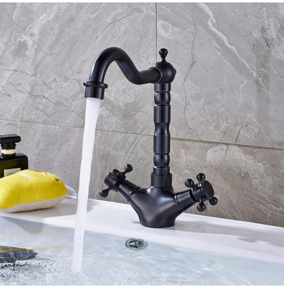 2024 New Dual Handle Swivel Bathroom Kitchen Sink Faucet Antique Brass Mixer Tap with Hot and Cold Water Deck Mounted