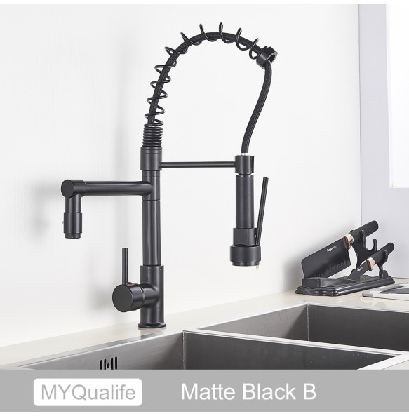 Matte Black Finish Dual Spout Kitchen Sink Faucet Deck Mount Spring Kitchen Mixer Tap Kitchen Hot and Cold Water tap