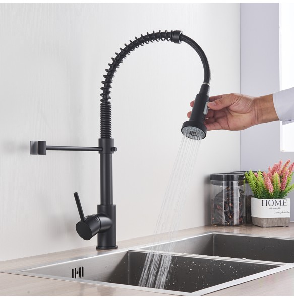 Matte Black Kitchen Sink Faucet One Handle Spring Hot and Cold Water Tap Deck Mounted Bathroom Kitchen Crane