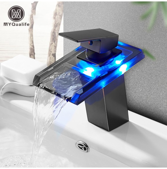 2024 New Luxury LED Color Changing Waterfall Basin Sink Faucet Single Handle Deck Mounted Hot and Cold Mixer Taps