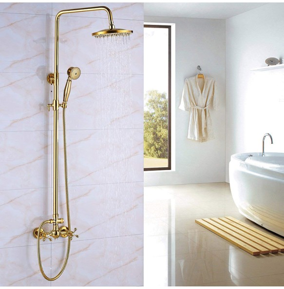 Golden Shower Faucet Dual Handle Shower Faucet Set Wall Mounted Rainfall Shower System Bathroom Bath Shower Mixer  Sliding Bar