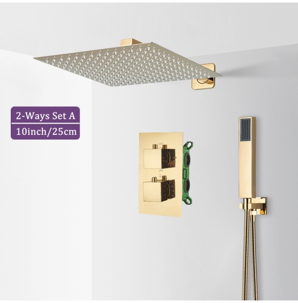 Brushed Thermostatic Shower Faucet Set Dual Handle Ceiling Mounted Square Rainfall With Handshower Concealed Gold Bathroom Tap