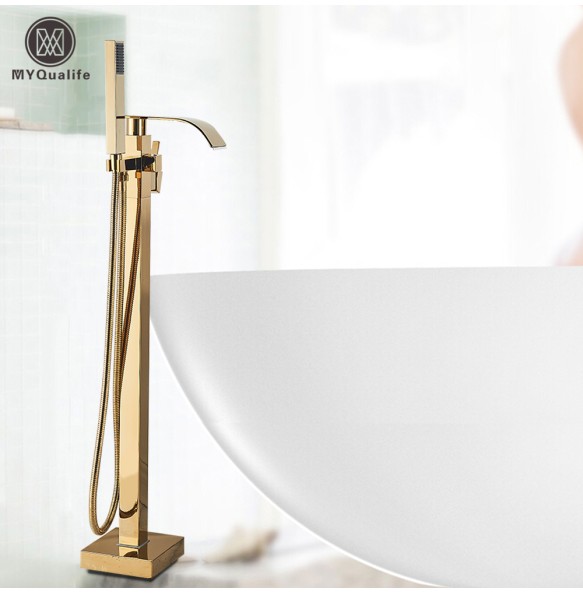 Luxury Gold Bathtub Faucet Freestanding Bathroom Faucet with Handshower Swive Spout Floor Mounted Bath Shower Mixer Tap