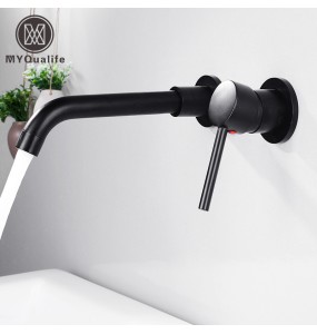 Wall Mounted Matte Black Bathroom Kitchen Faucet One Hole Cold Water Washing Tap Rotate  Spout Brass Vanity Sink Crane